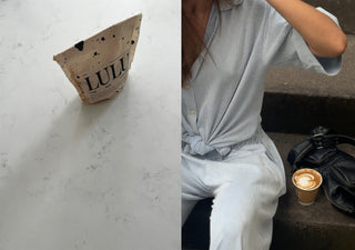 Split image of a lupine coffee packaging on a white marble kitchen counter and a woman sitting on stairs in a summer outfit one suite having a lupine coffee in a to go cup next to her a black leather purse in ninety style in an urban environment.